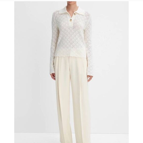 Vince Sweaters - Vince Italian Wool-Blend Lace Stitch Polo Sweater Off-White XL